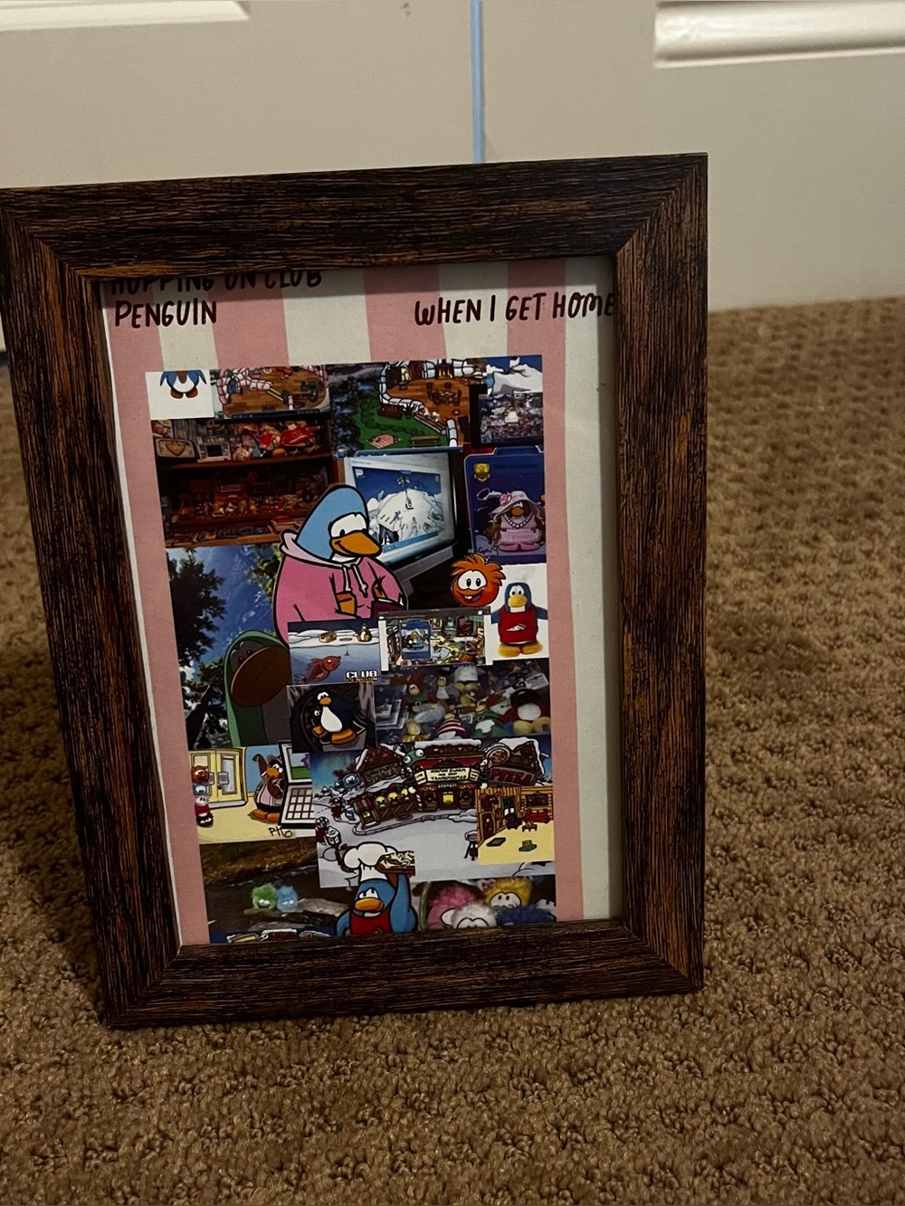 Club Penguin collage in a wooden frame